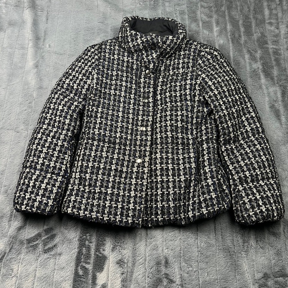 Ann Taylor Petite Tweed Puffer Jacket Navy Blue White Funnel Neck SP